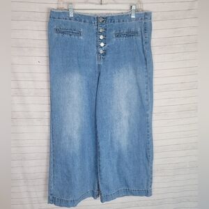 GIANNI BINI CROPPED WIDE LEG FRAYED WAIST BUTTON FRONT JEANS, SZ LARGE